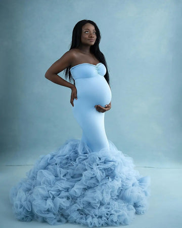 MQTIME  -  Stretchy Satin Tulle Mermaid Maternity Photoshoot Dress Off-shoulder Pregnancy Gown for Wedding Guest Baby Shower Robe